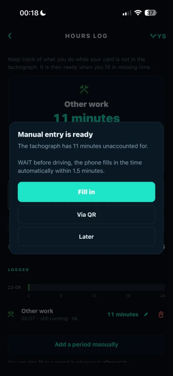 VYS Mobile Tacho: Manuele invoer en werktijd, gewoon vanaf je telefoon.
